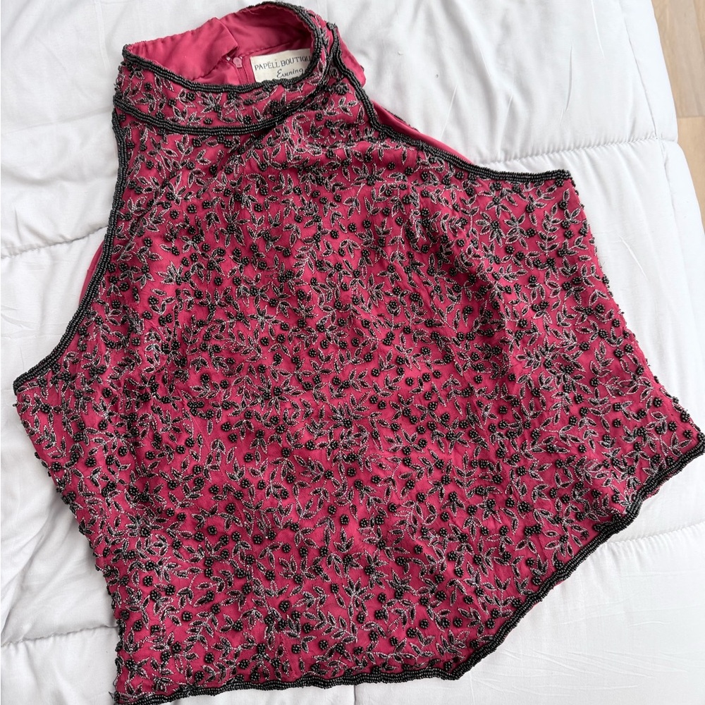 Papell Boutique Fuchsia and Black Embroidered Blouse